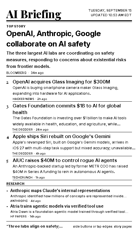 Front page of the AI briefing, rendered as a 480 by 800 one-bit e-ink page